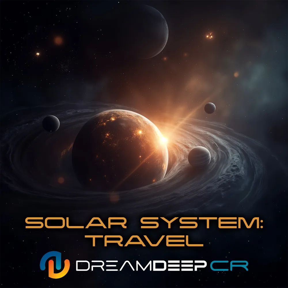 The cover of Solar System: Travel by DreamDeep CR: a planet lit by a distant sun with smaller moons around it, with the title in gold letters.