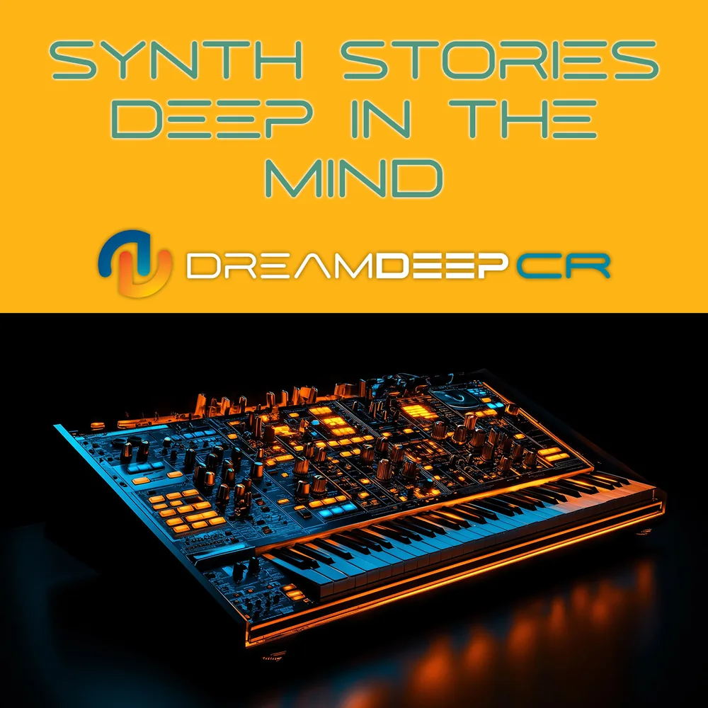 The cover of Synth Stories - Deep in the Mind by DreamDeep CR: a synthesiser lit in orange and blue below the title on a golden band.