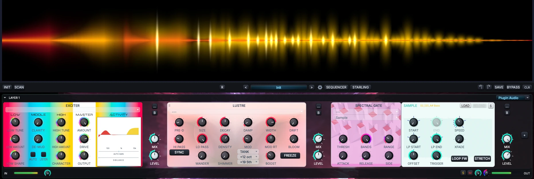 This layer runs the Exciter, then Lustre, then the Spectral Gate, which uses the sample loaded in the same layer as its modifier.