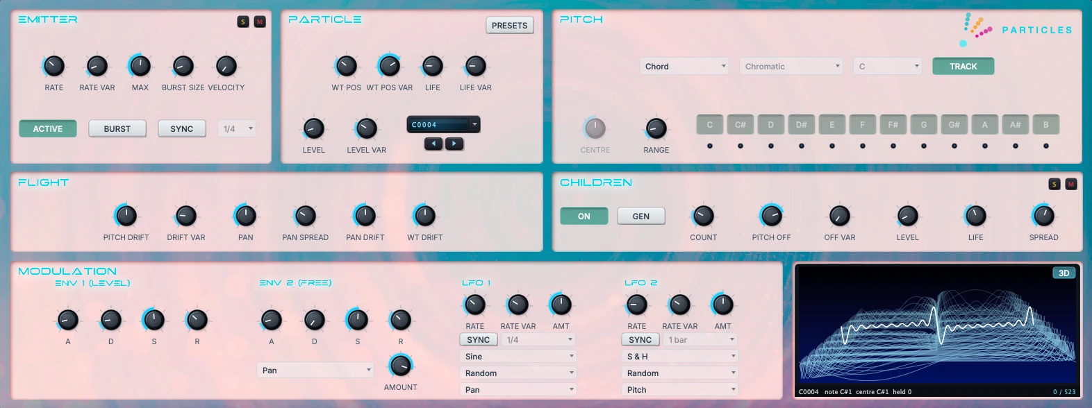 The Particles panel sets how particles are born, how they drift in pitch and across the stereo field and which notes they may land on. A particle can even leave a shower of children behind when it dies and the visualiser draws the whole cloud as it plays.