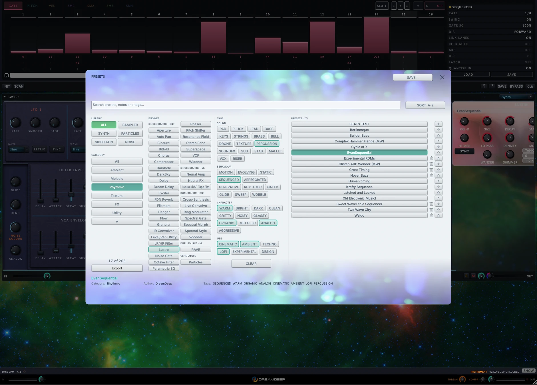 Every preset carries a category, tags and a description, which the preview strip along the foot of the browser shows as you point at it.